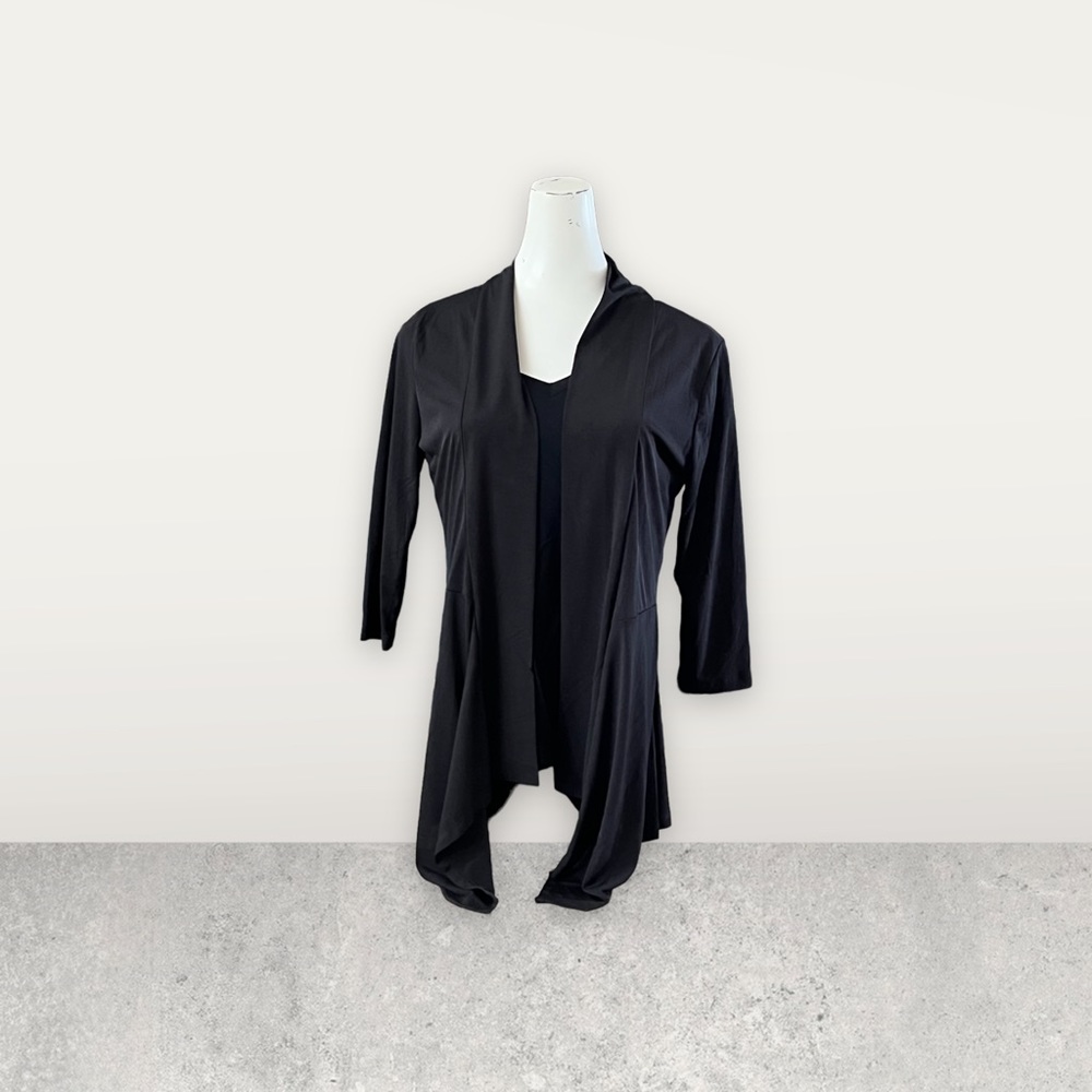 Handkerchief Cardigan in Black. Has 3/4 length sleeves.